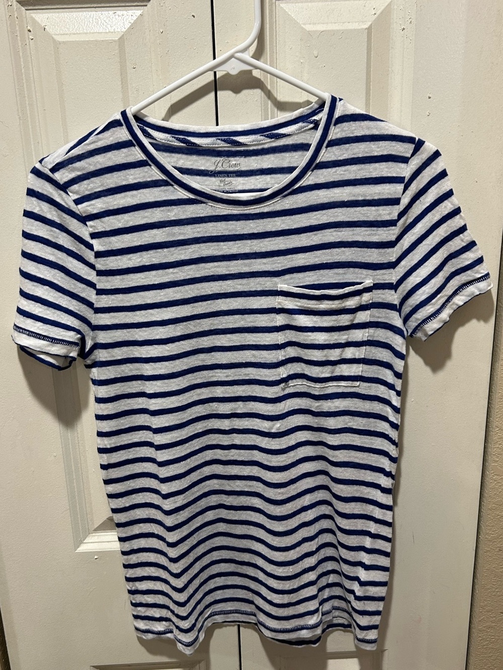J.Crew Linen 100% Navy Striped Tee Crewneck Pocket , Small
